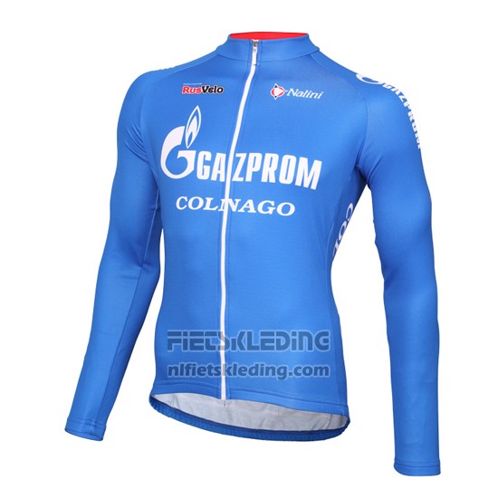 2016 Fietskleding Gazprom Rusvelo Colnago Blauw en Wit Lange Mouwen en Koersbroek